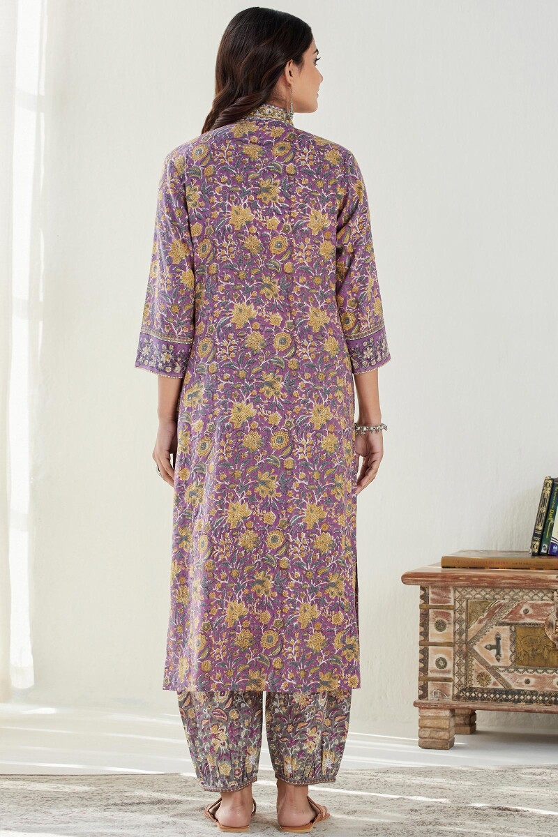 Purple Hand Block Printed Straight Cotton Slub Kurta