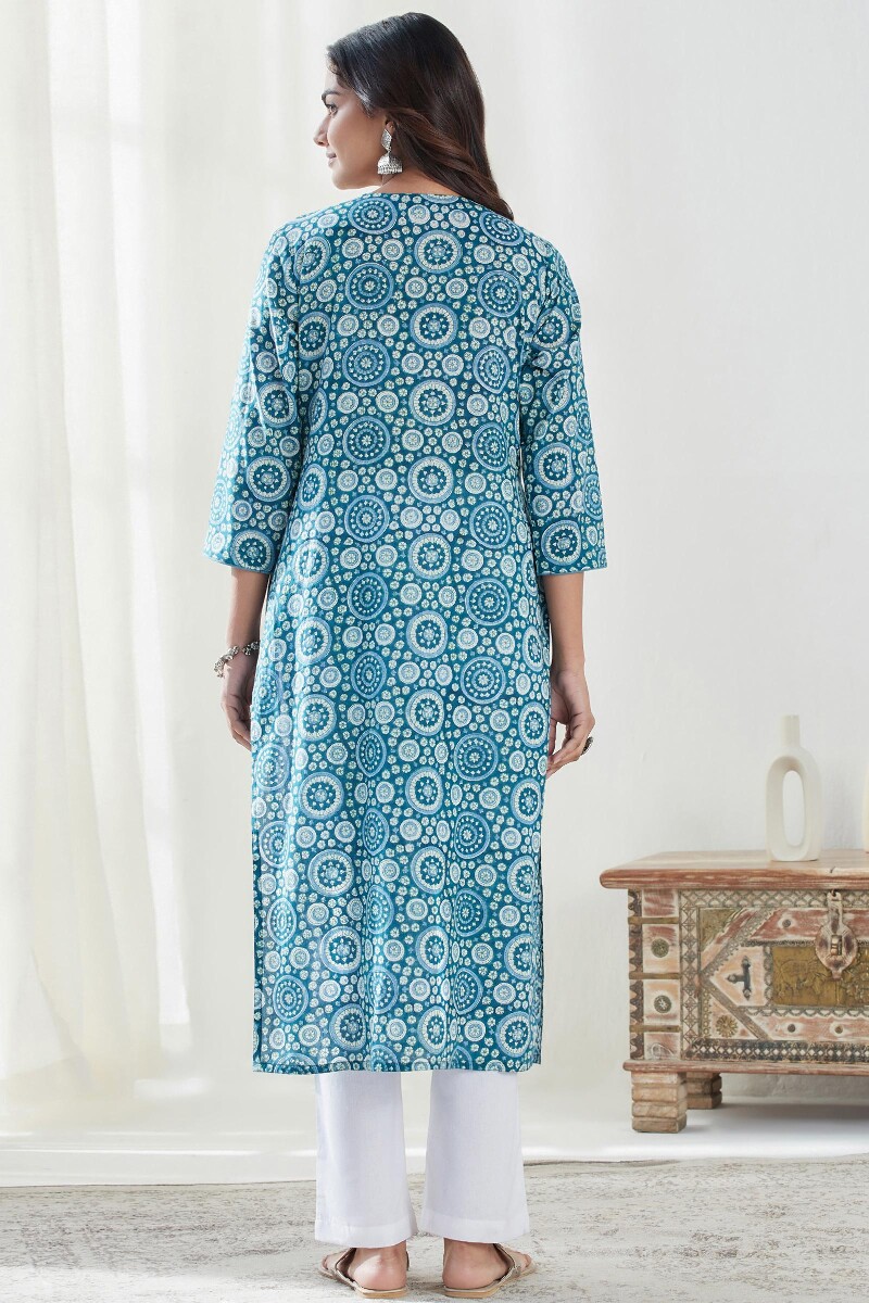 Blue Hand Block Printed Straight Cotton Kurta