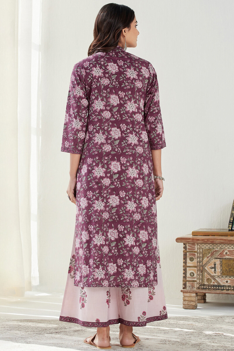 Purple Hand Block Printed Straight Cotton Slub Kurta