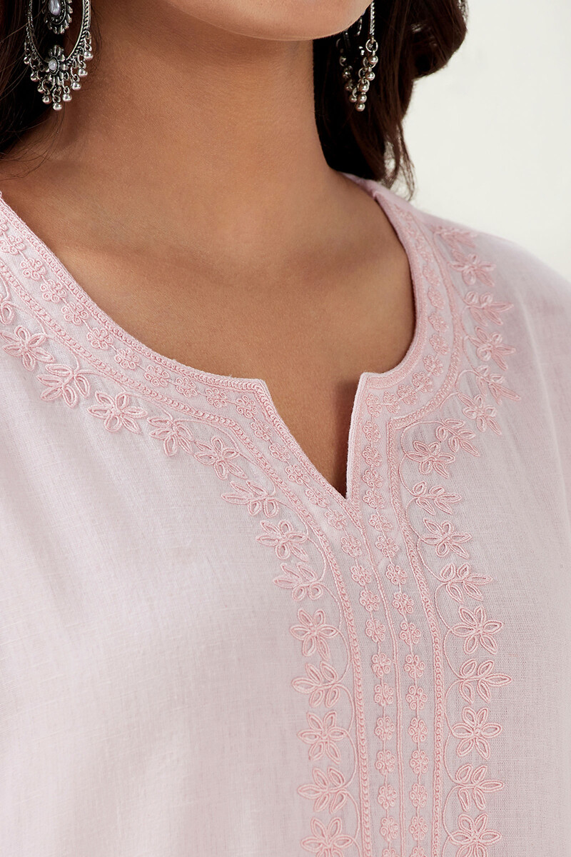 Pink Handcrafted Straight Cotton Flax Kurta