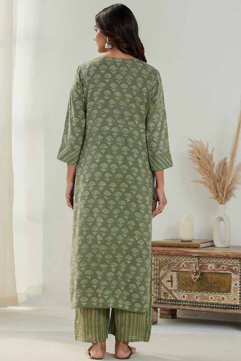 Green Hand Block Printed Straight Modal Kurta