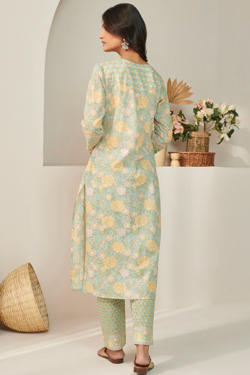 Blue Hand Block Printed Straight Cotton Kurta