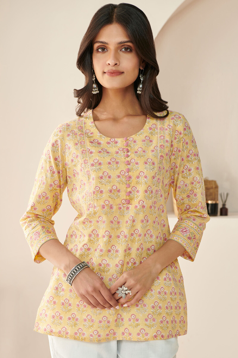 Yellow Hand Block Printed Cotton Slub Top
