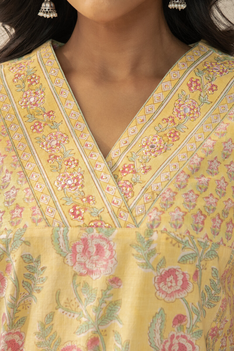 Yellow Hand Block Printed Straight Cotton Slub Kurta