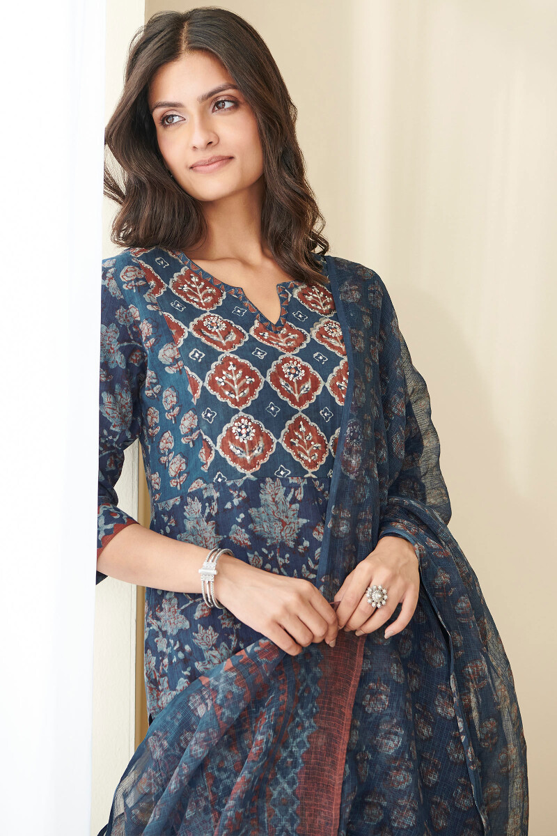 Akola Hand Block Printed Straight Cotton Dobby Kurta