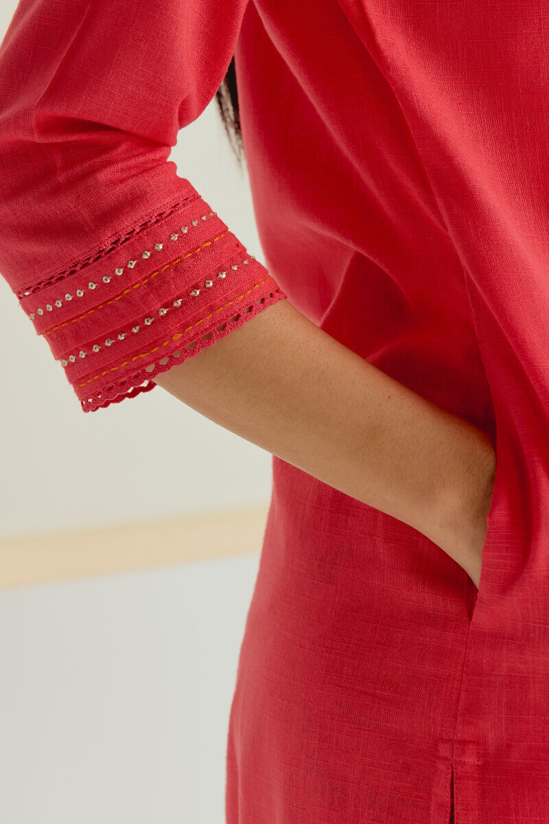 Pink Handcrafted Straight Gauze Slub Kurta