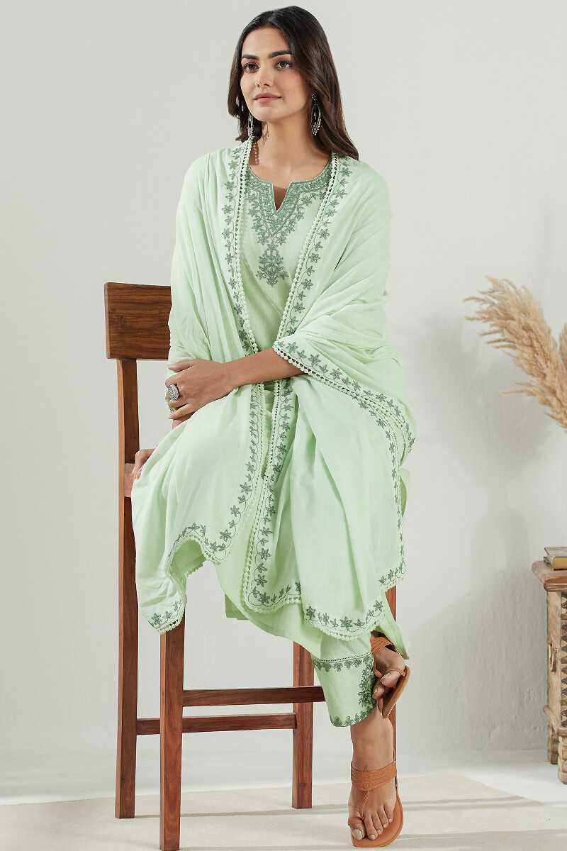 Green Handcrafted Straight Cotton Flax Kurta