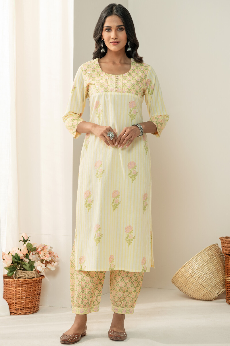 Yellow Hand Block Printed Straight Cotton Kurta