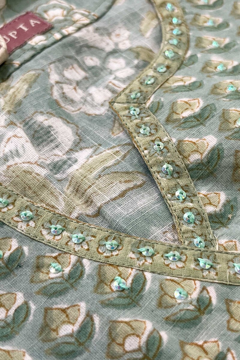 Blue Hand Block Printed Straight Cotton Slub Kurta
