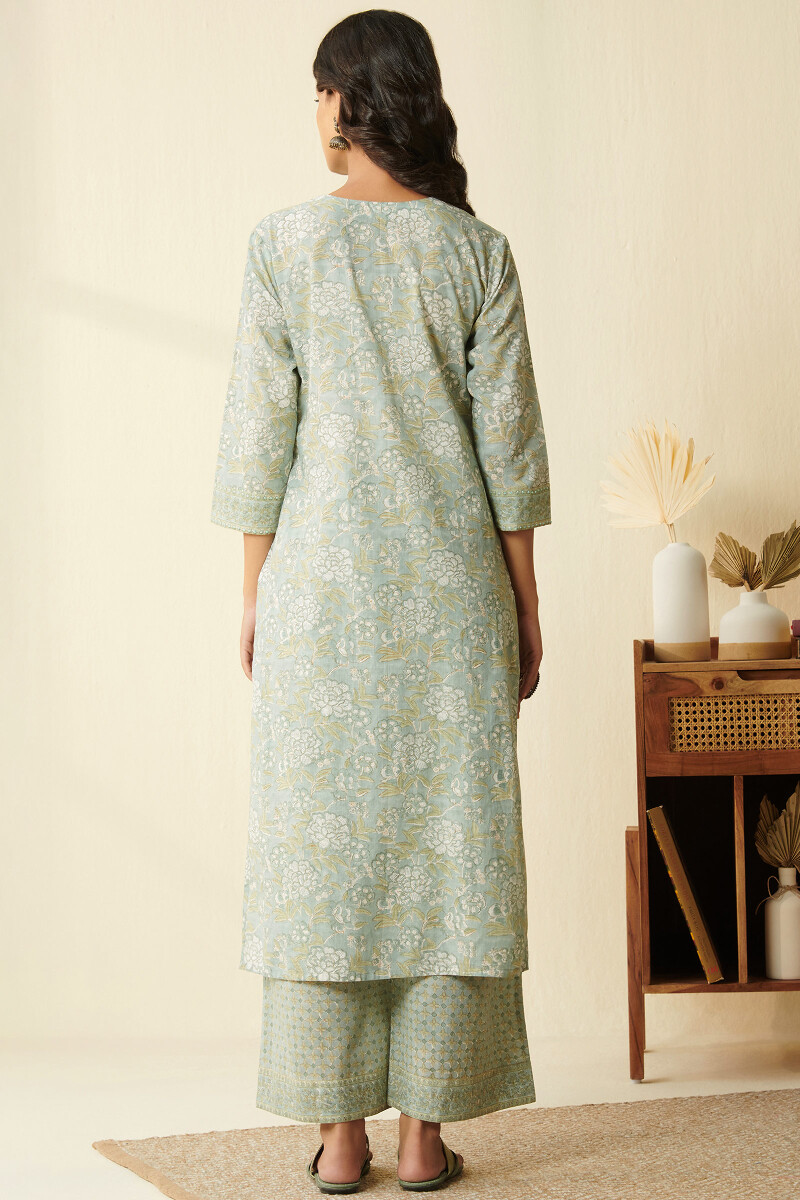 Blue Hand Block Printed Straight Cotton Slub Kurta