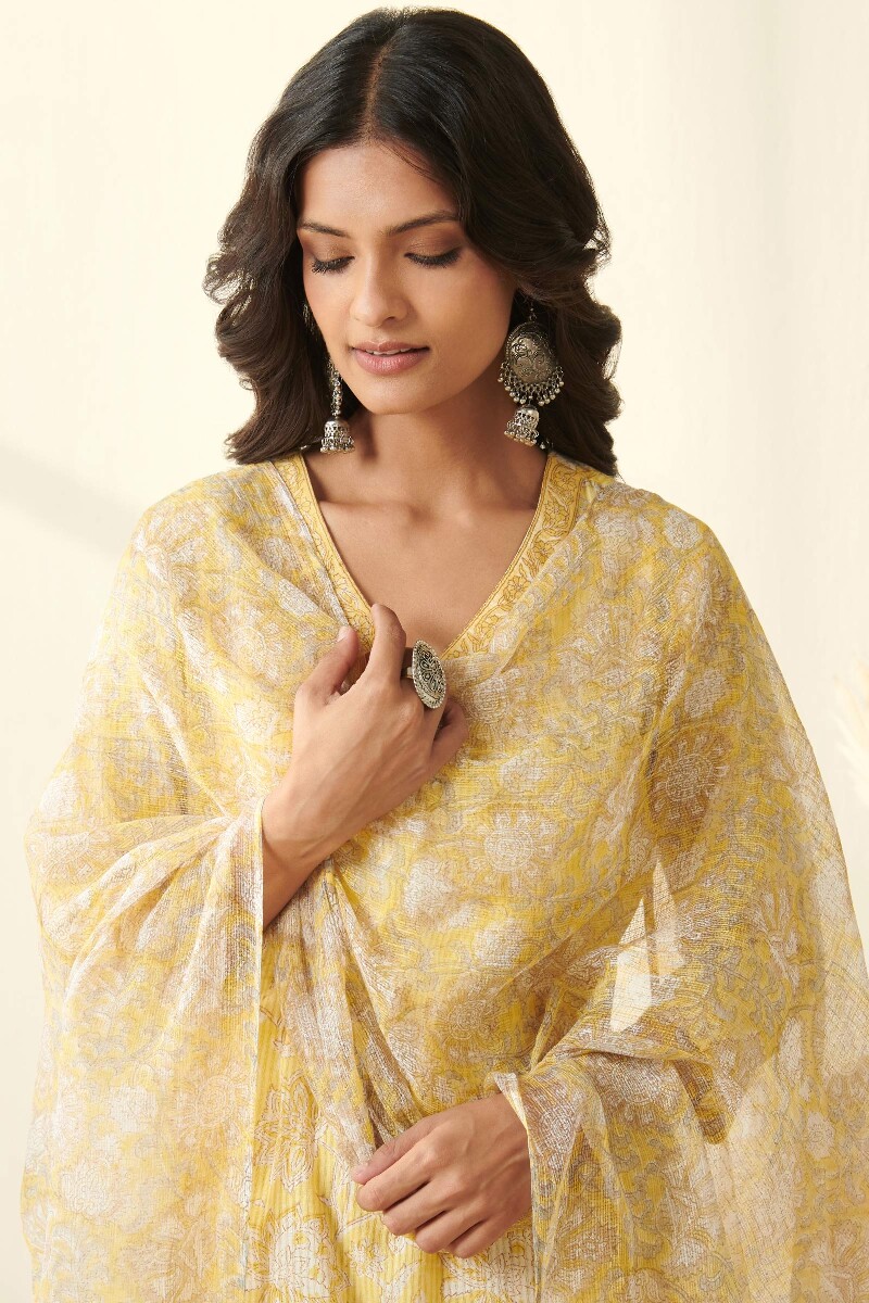 Yellow Hand Block Printed Kota Dupatta