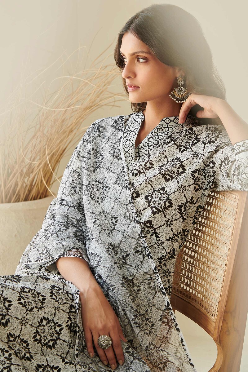 White Hand Block Printed A-Line Cotton Kurta