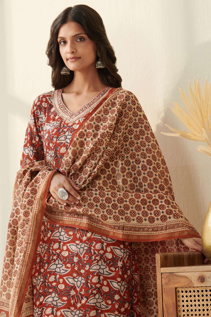 Red Hand Block Printed Straight Viscose Kurta