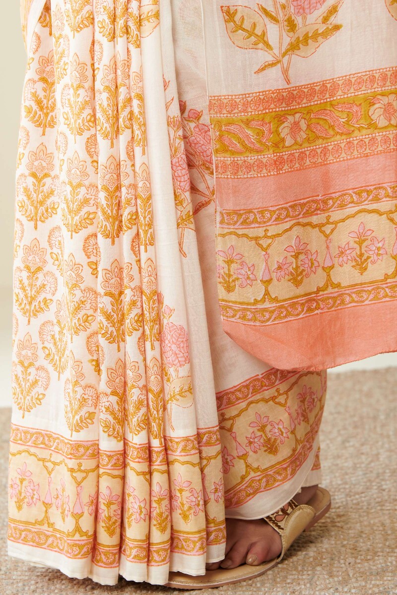 Off-White Hand Block Printed Cotton Silk Saree