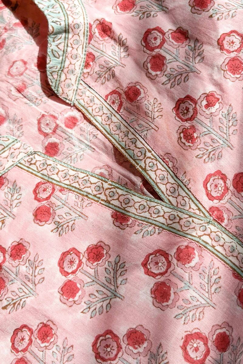 Pink Hand Block Printed Straight Cotton Kurta