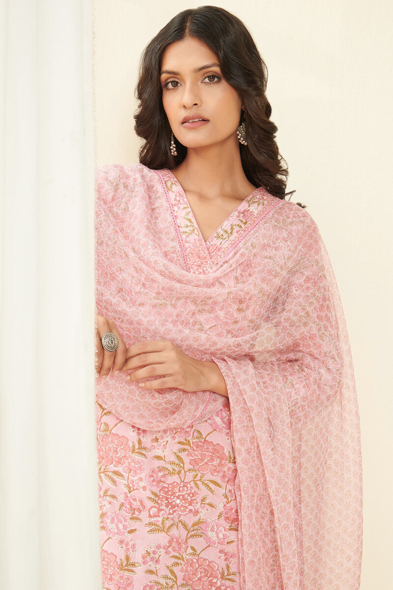 Pink Hand Block Printed Straight Cotton Kurta