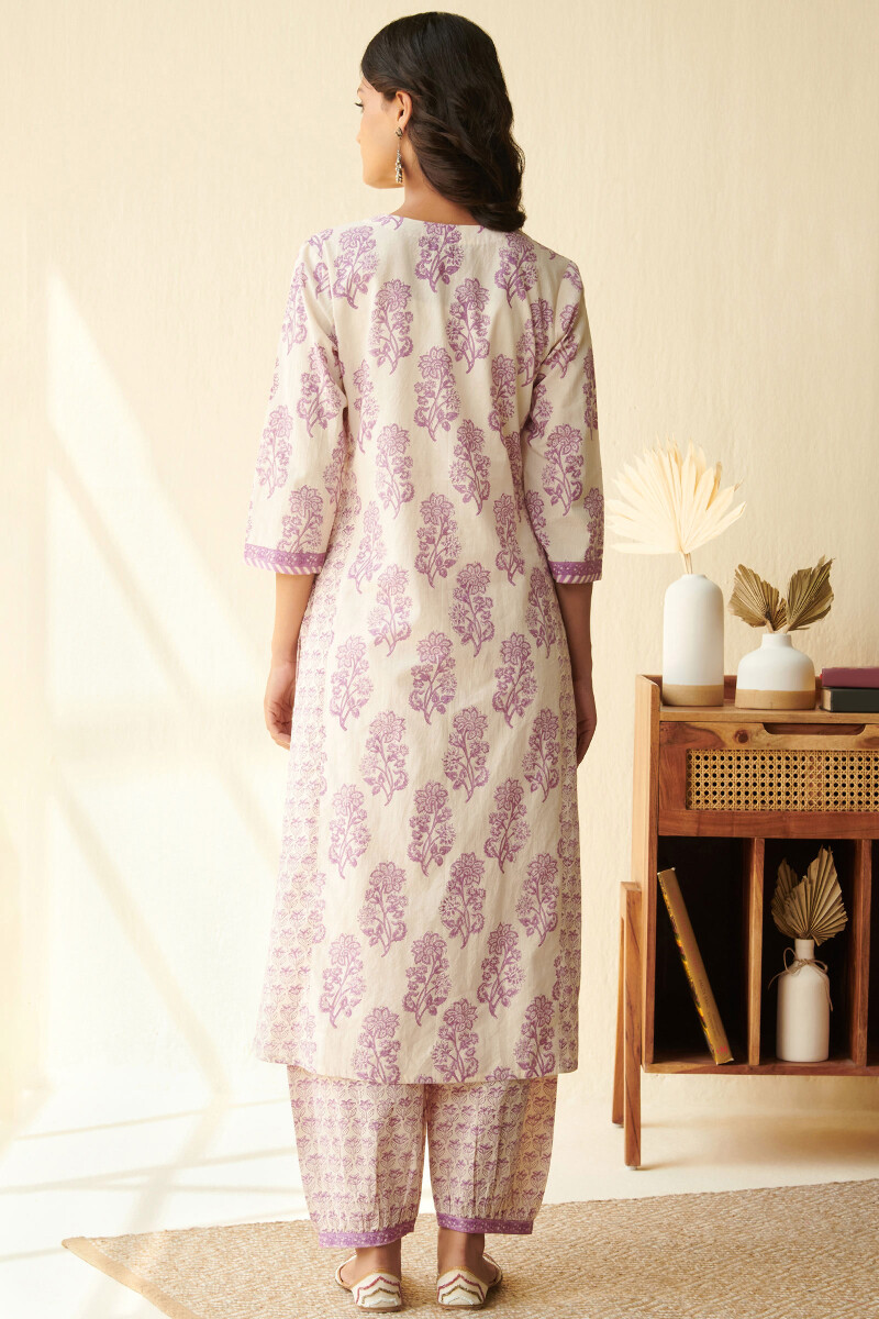 Off-White Hand Block Printed Straight Cotton Kurta