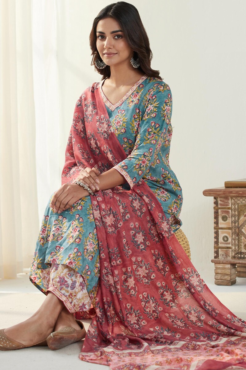 Blue Hand Block Printed Straight Modal Kurta