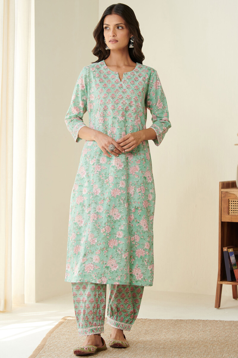 Green Handcrafted Straight Cotton Kurta