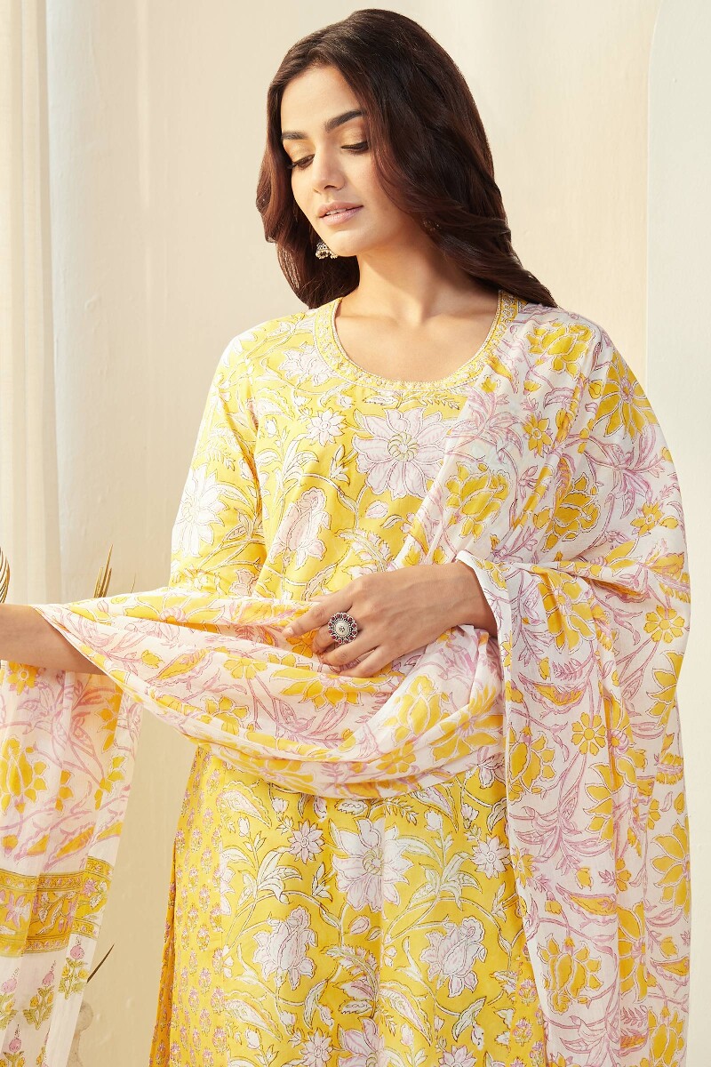 Yellow Hand Block-Printed Straight Cotton Kurta