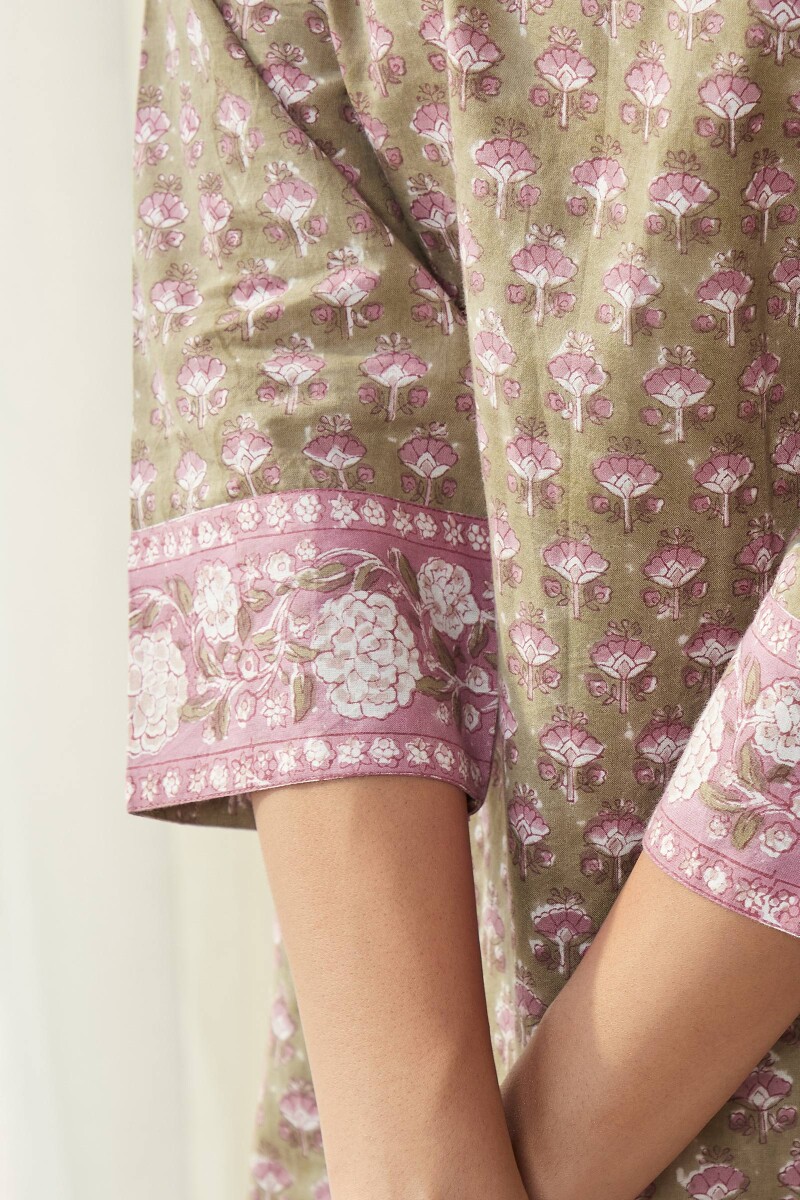 Olive Green Hand Block-Printed Straight Cotton Kurta