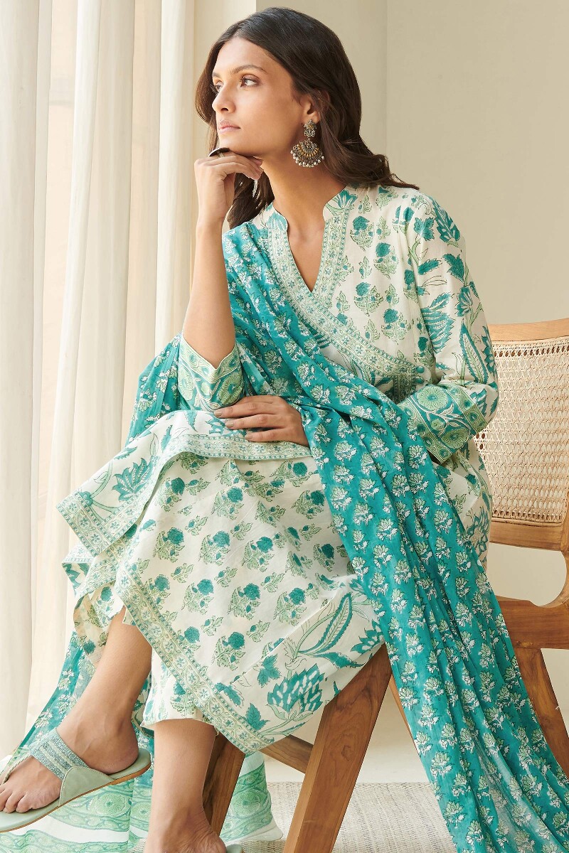 Turquoise Hand Block Printed A-Line Cotton Kurta