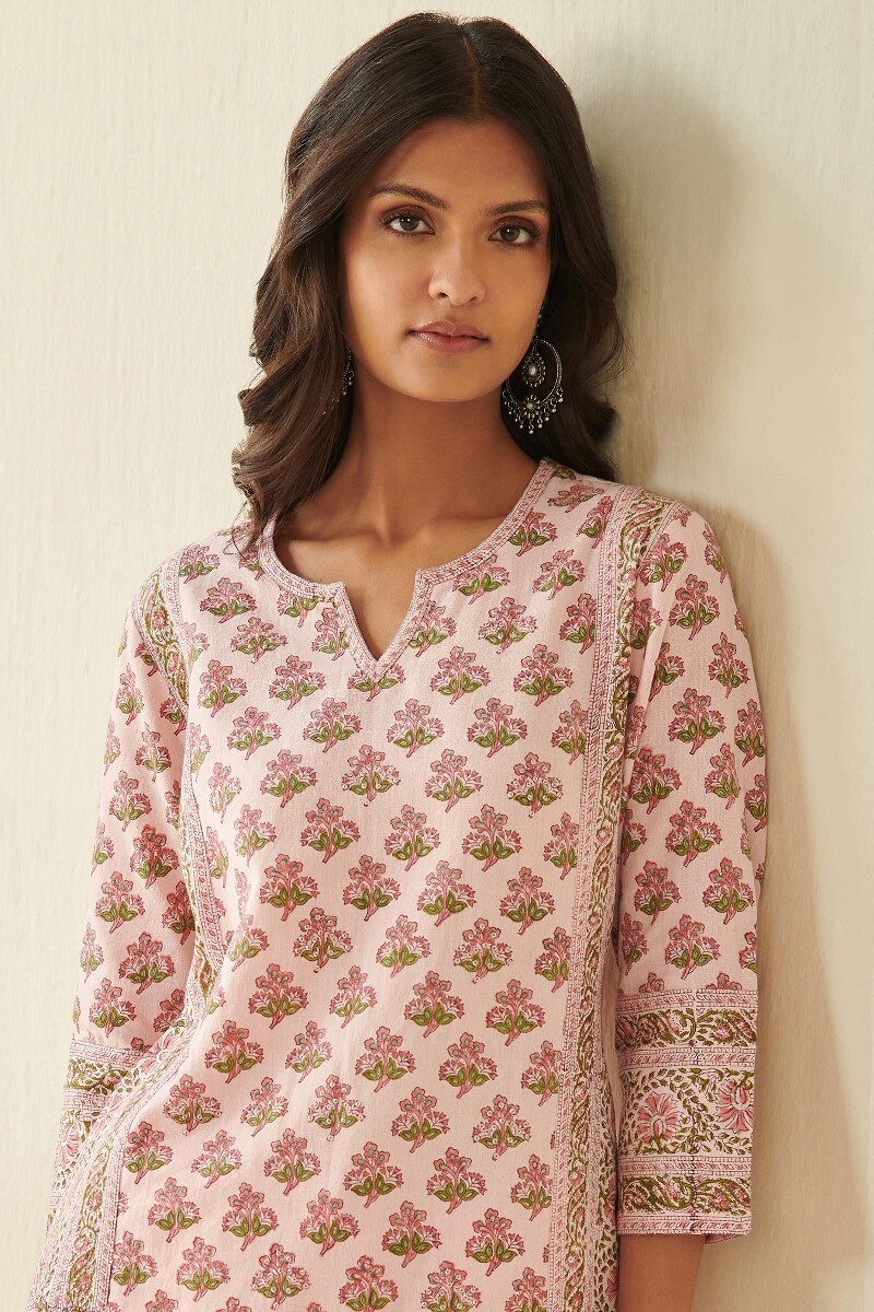 Pink Block Printed Straight Cotton Flax Kurta