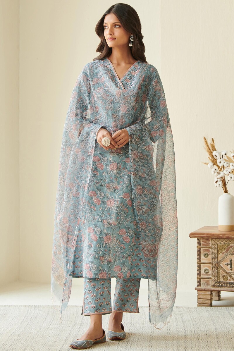 Blue Hand Block Printed A-Line Cotton Kurta