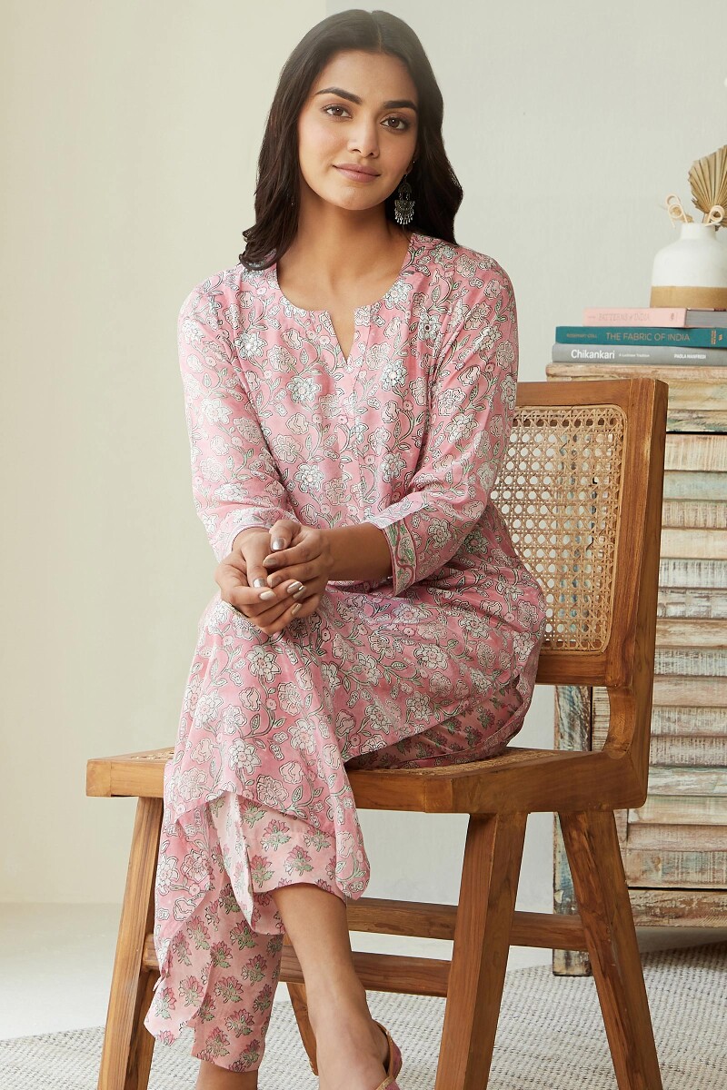 Pink Hand Block Printed Straight Modal Kurta