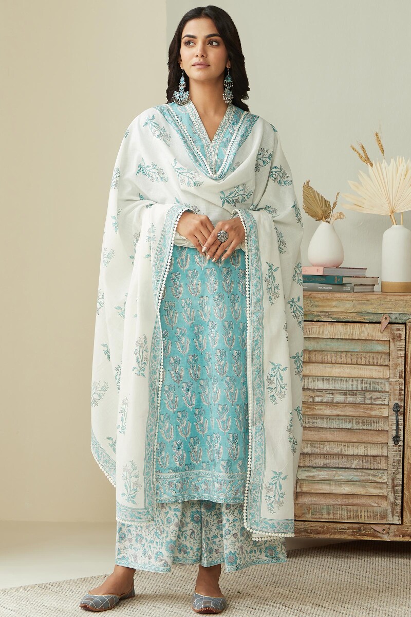 Blue Hand Block Printed Cotton Dupatta