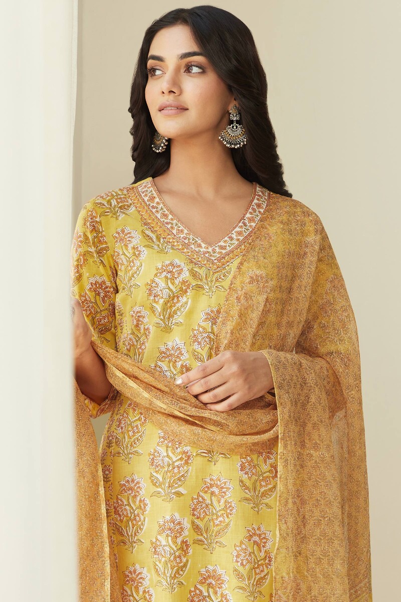 Yellow Hand Block-Printed Straight Cotton Kurta