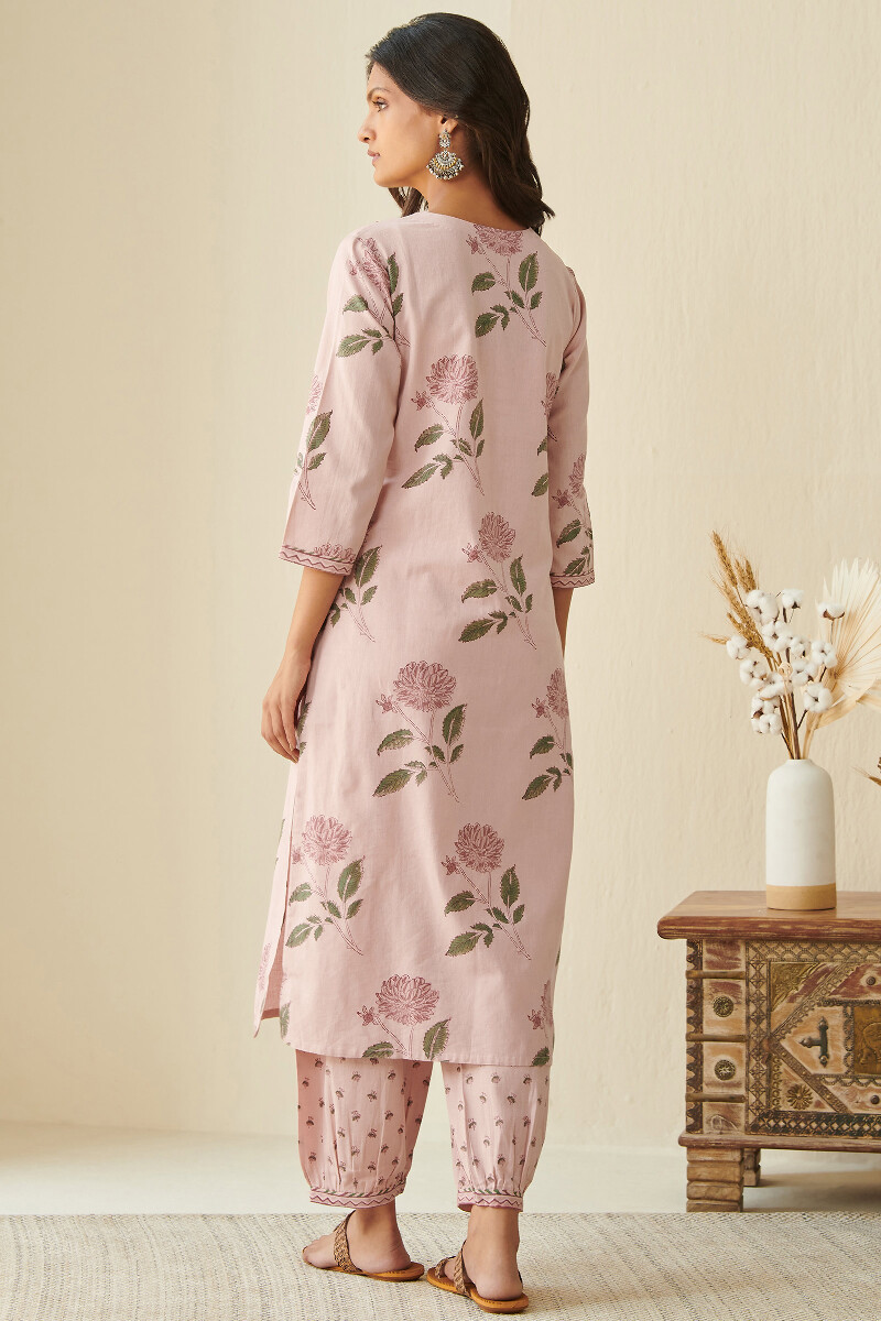 Pink Block Printed Straight Cotton Flax Kurta