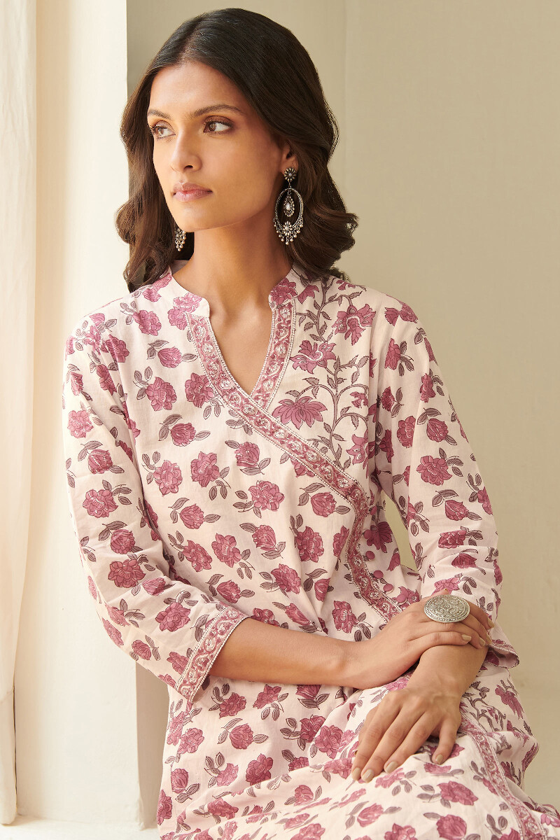Pink Hand Block Printed Angrakha Cotton Kurta