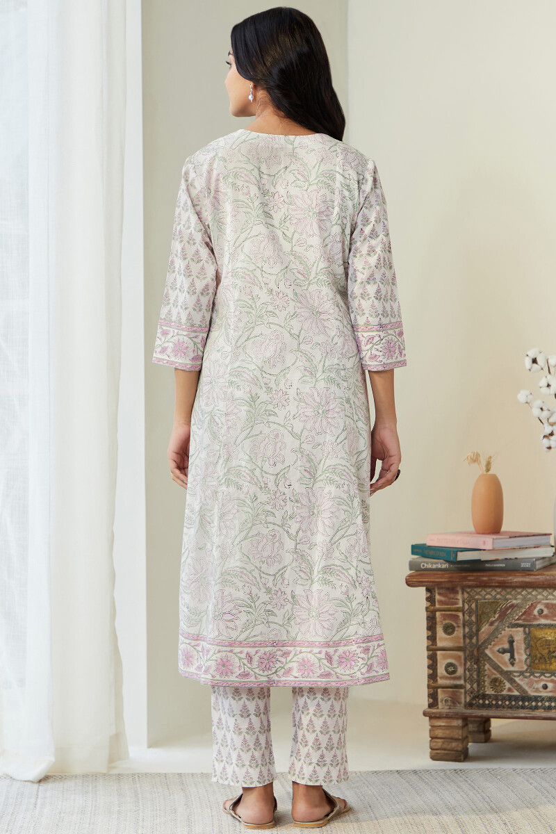 White Hand Block-Printed A-line Cotton Kurta