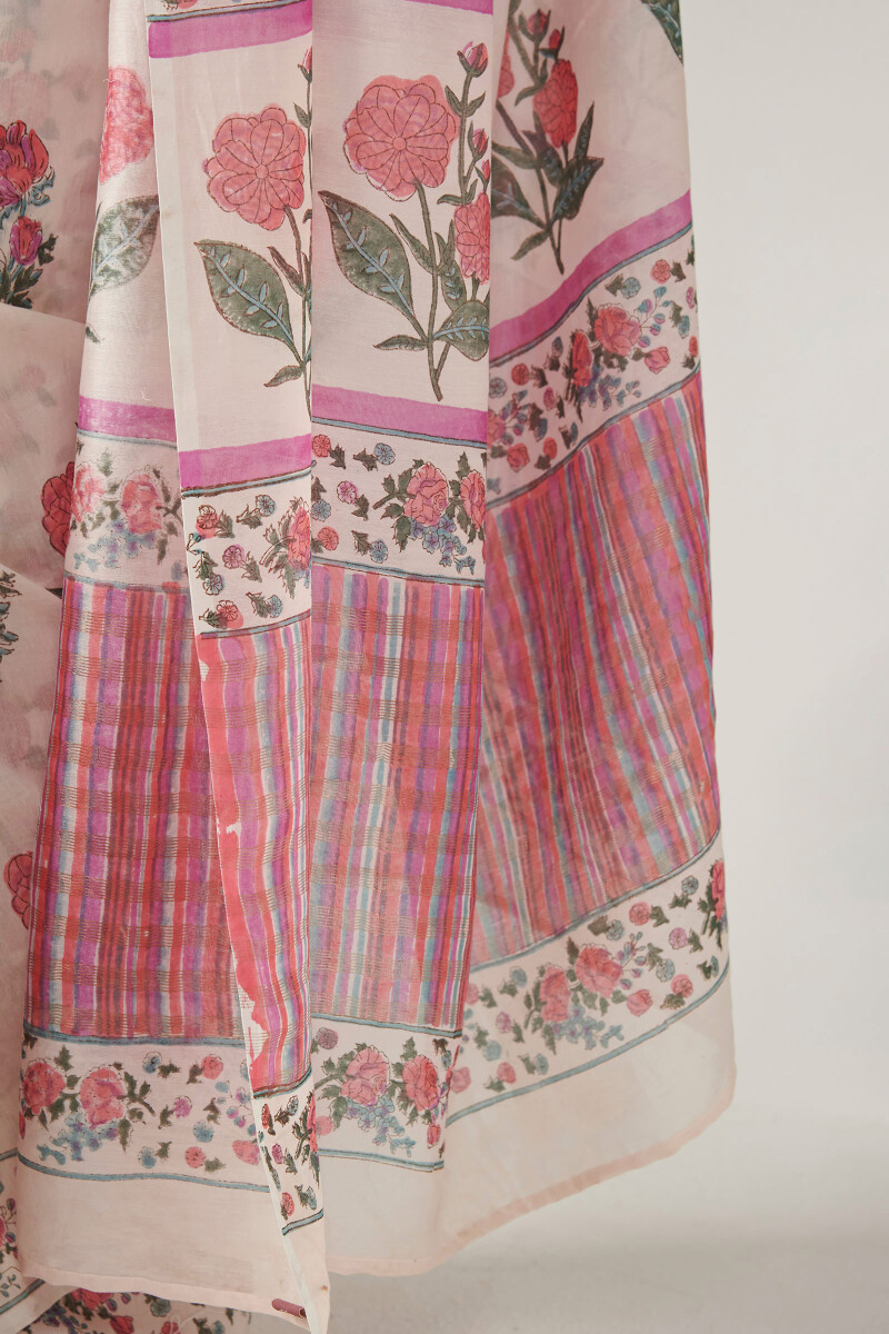 Sanganeri Hand Block-Printed Chanderi Saree