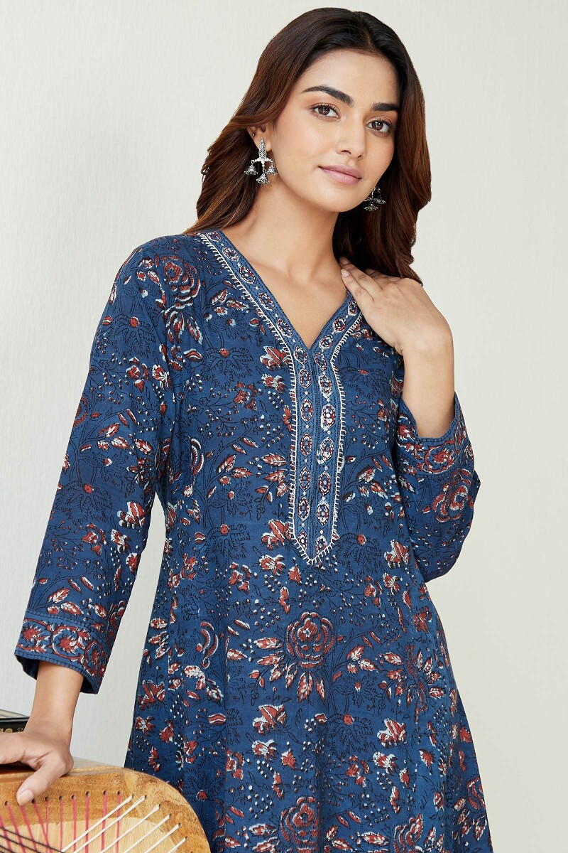 Indigo Hand Block-Printed A-Line Cotton Kurta