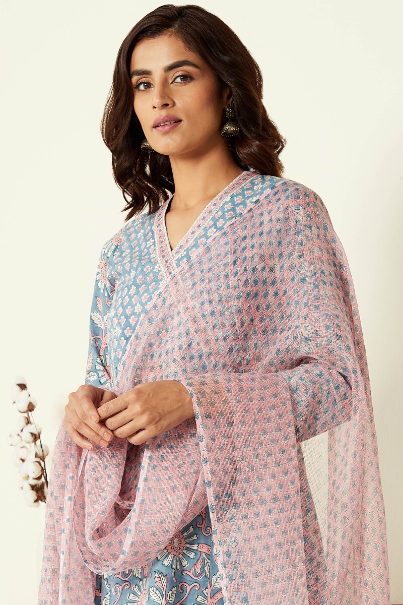 Crystal Blue Hand Block-Printed A-Line Cotton Mul Kurta