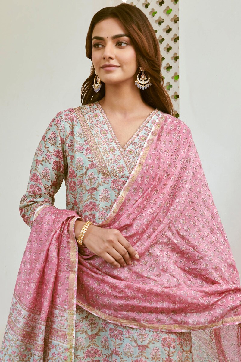 Light Blue Hand Block-Printed Straight Chanderi Kurta