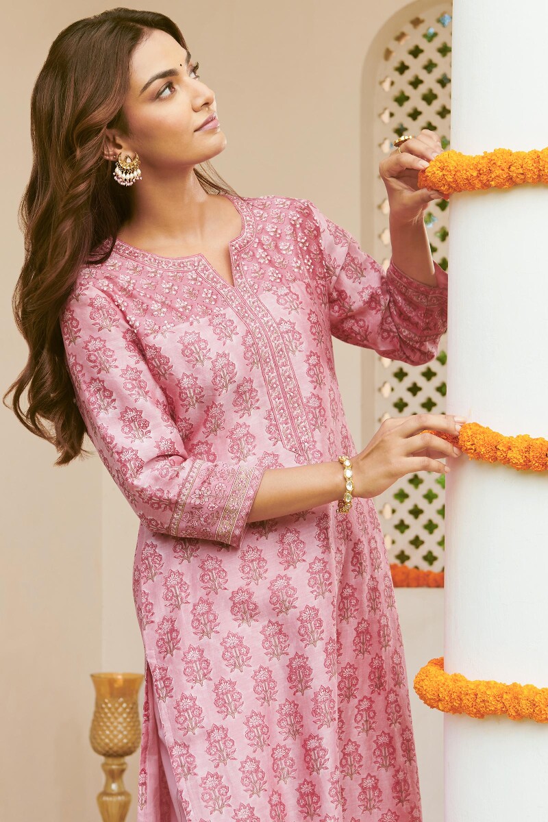 Pink Hand Block-Printed Straight Chanderi Kurta