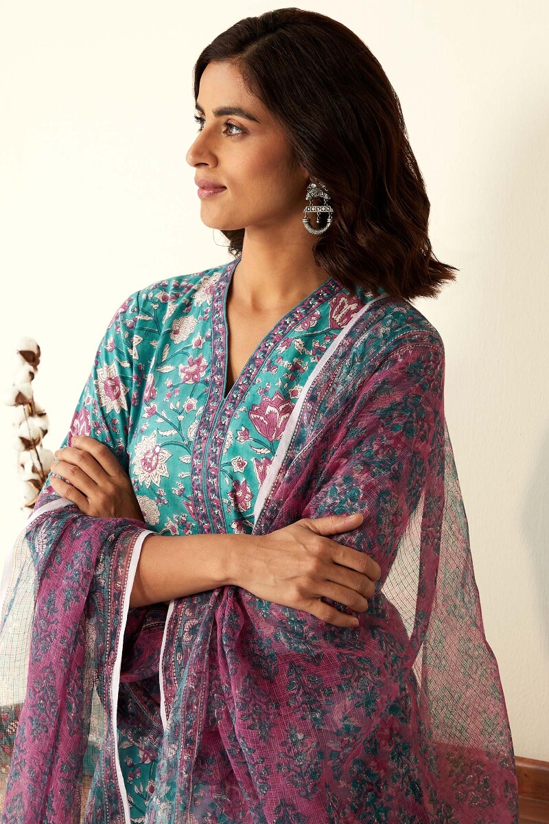 Turquoise Hand Block-Printed Straight Cotton Kurta
