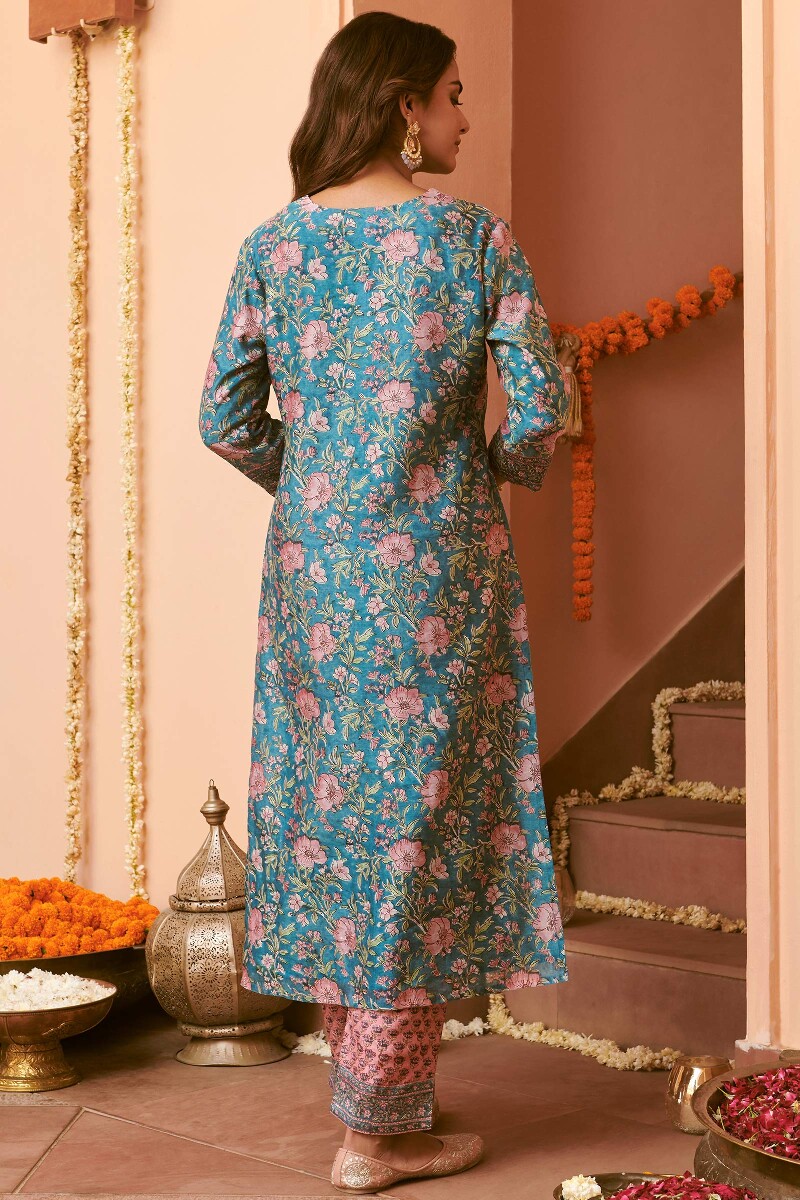 Blue Hand Block-Printed Straight Chanderi Kurta