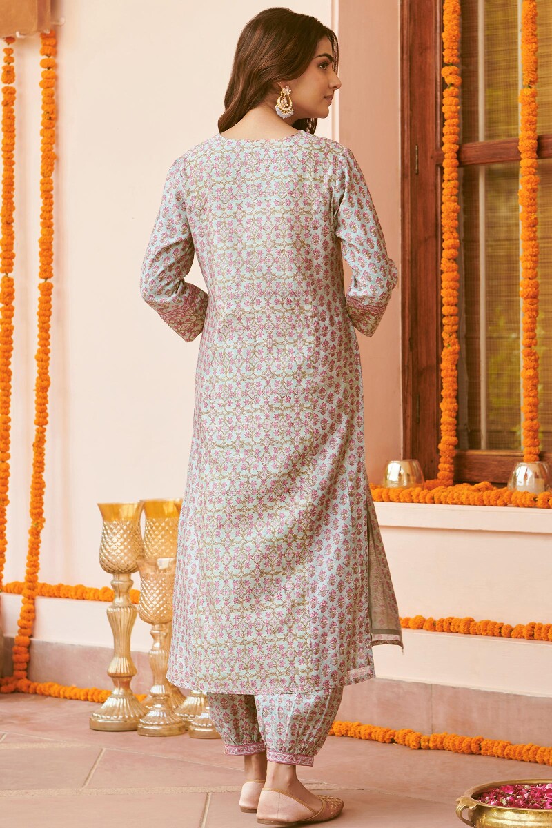 Light Blue Hand Block-Printed Straight Chanderi Kurta