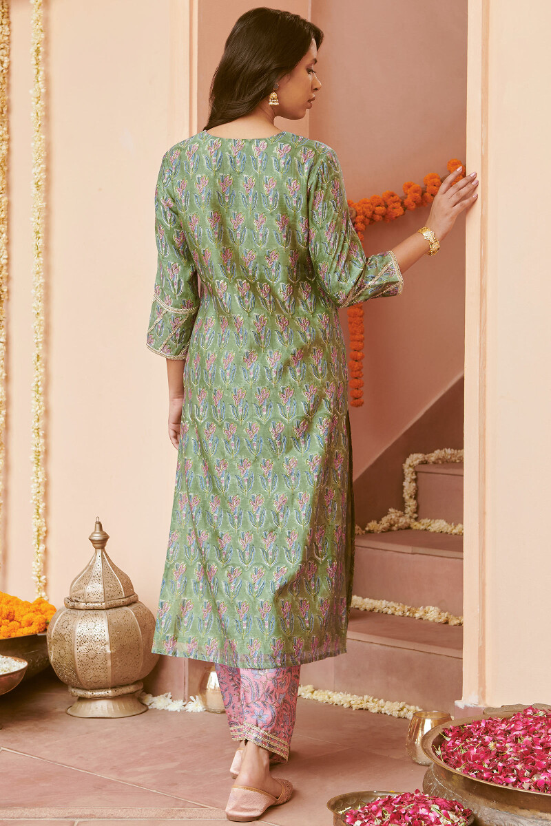 Green Hand Block-Printed Straight Chanderi Kurta