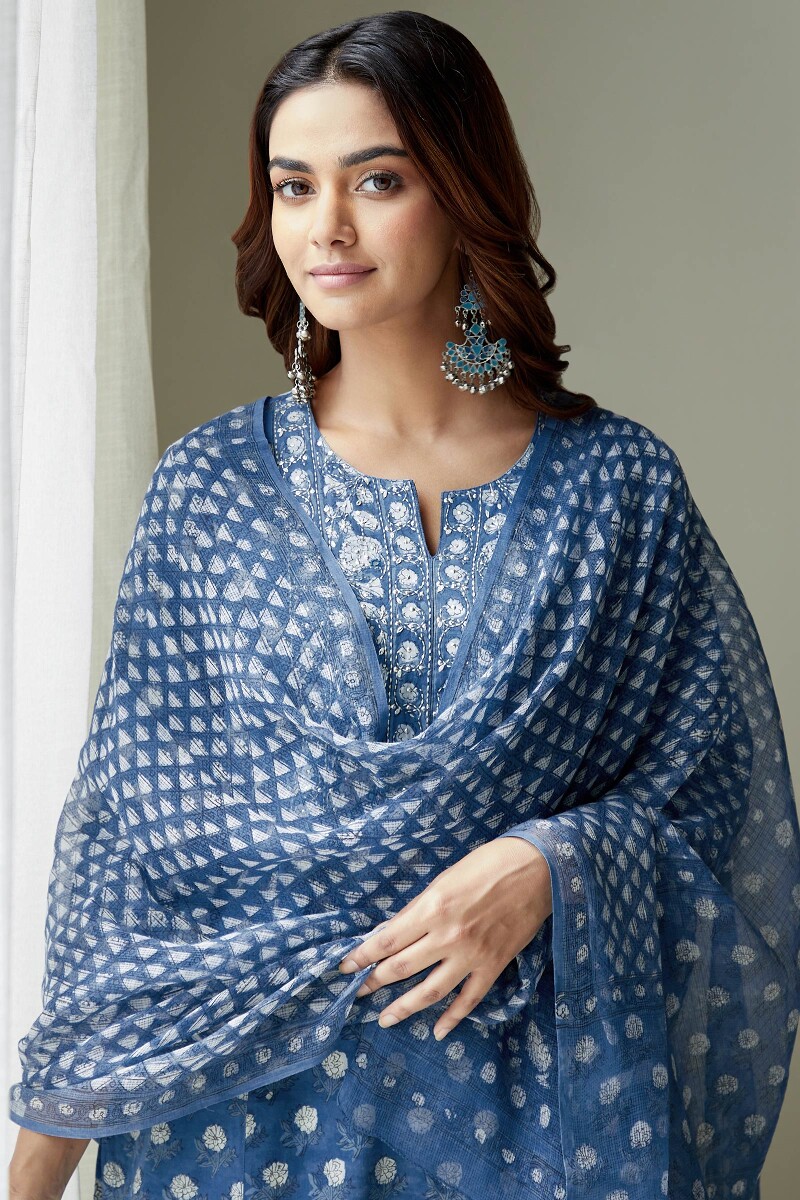 Indigo Hand Block-Printed Straight Cotton Kurta