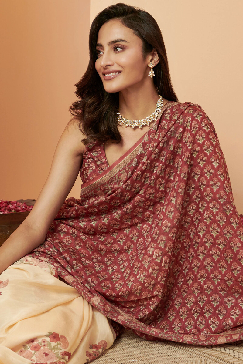 Sanganeri Hand Block-Printed Cotton Silk Saree
