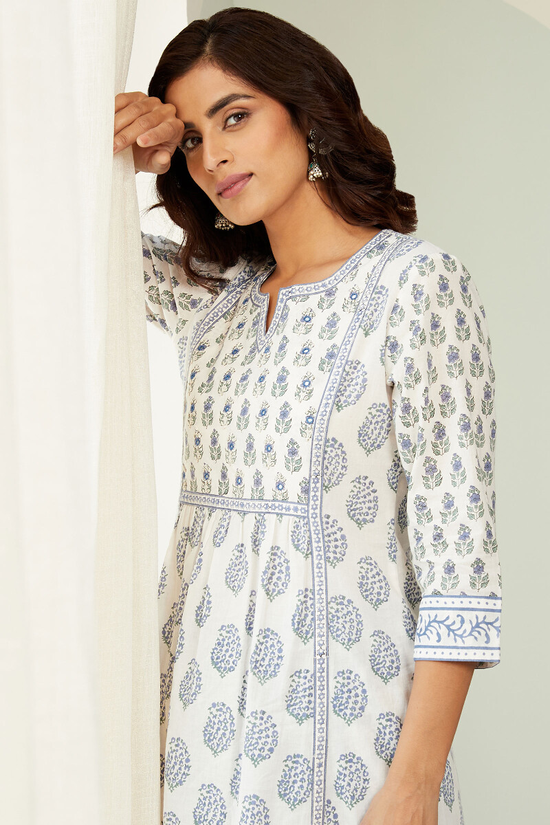 White Hand Block-Printed A-Line Cotton Kurta