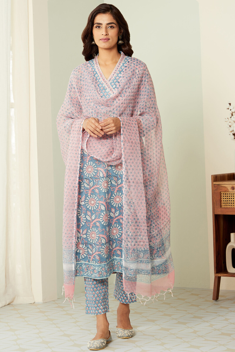 Crystal Blue Hand Block-Printed A-Line Cotton Mul Kurta