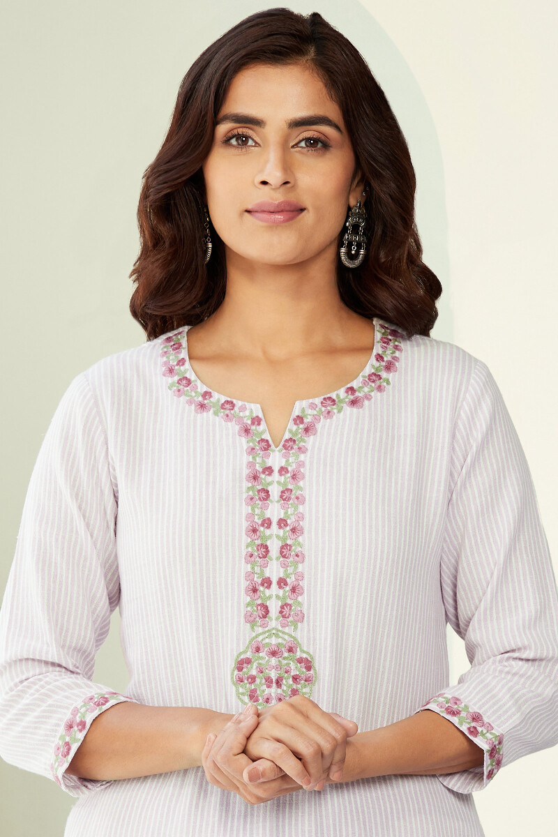Purple Handcrafted Straight Cotton Flax Kurta