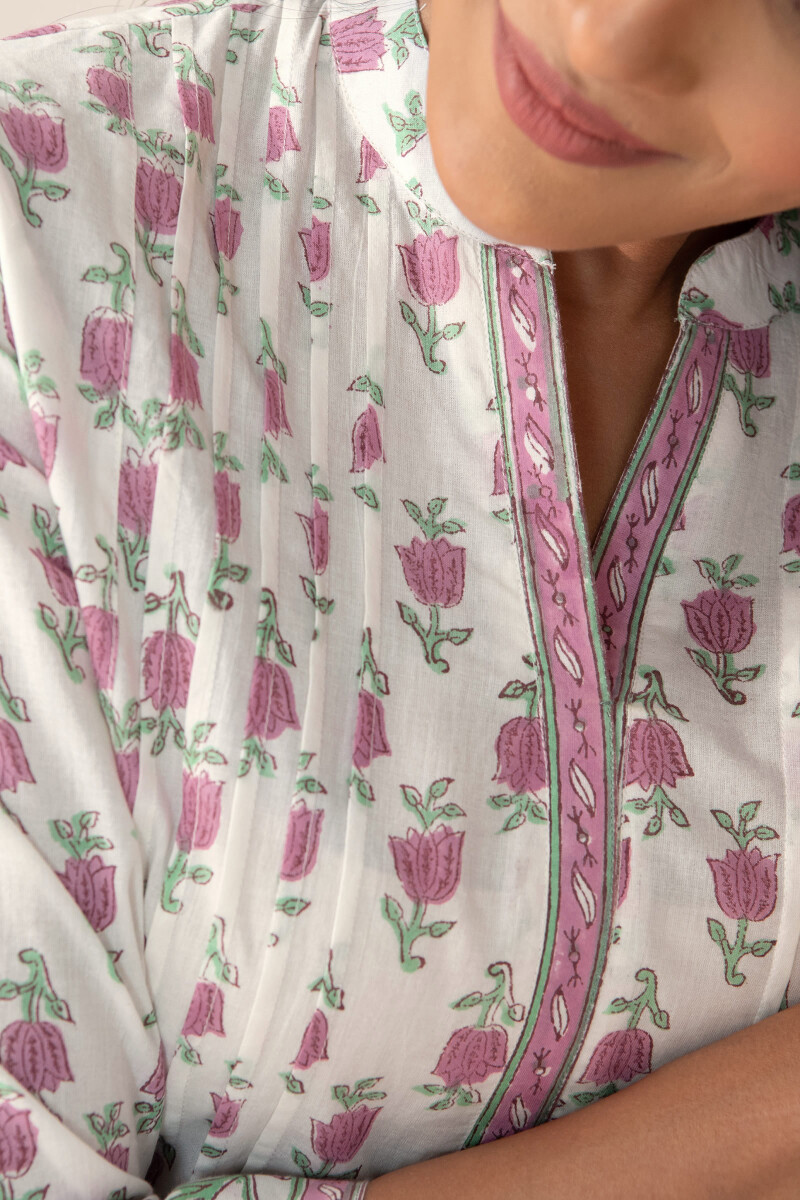 White Hand Block-Printed Straight Cotton Kurta