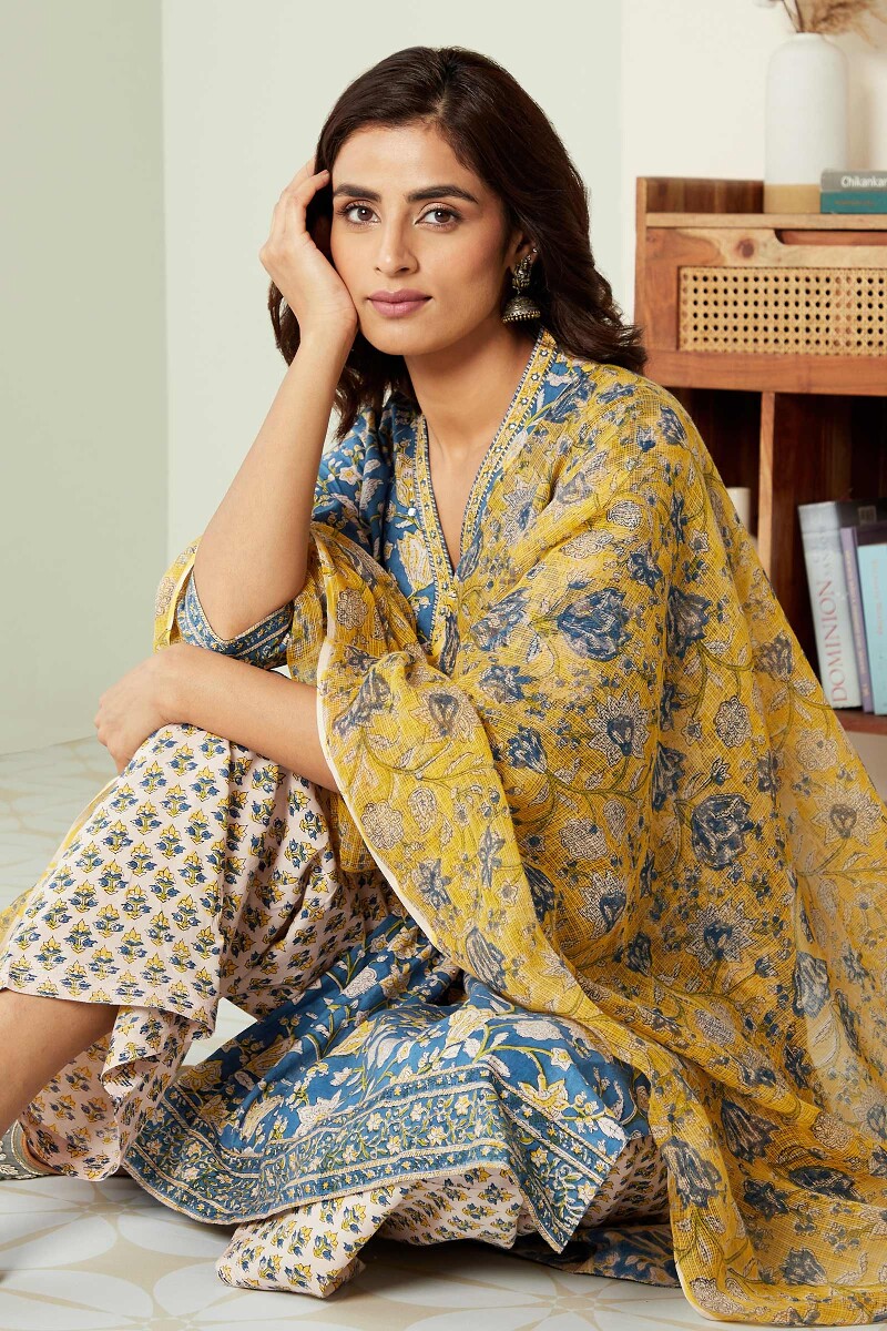 Blue Hand Block-Printed Straight Cotton Kurta